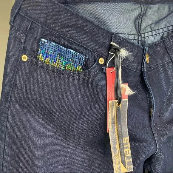 Express New Stella Boot Leg Embellished Denim Blue Waxed Jeans Sequins Size 12 - Picture 6 of 14